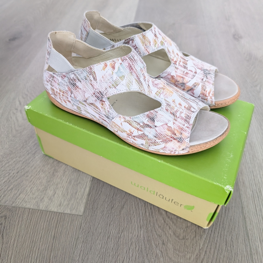 Pink and White T-Strap Sandals with Patterned Upper